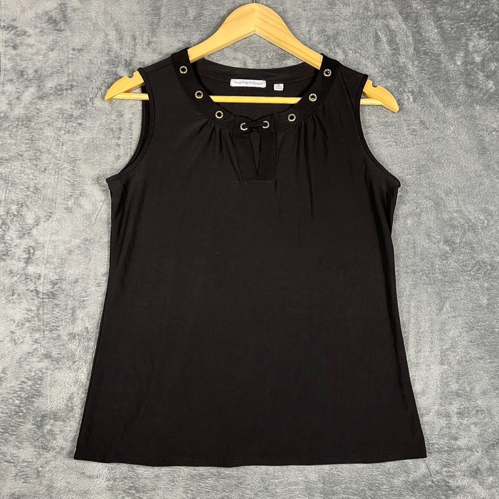 Notations Blouse Top Womens Medium Black Sleeveless Metallic Grommet Neck Detail